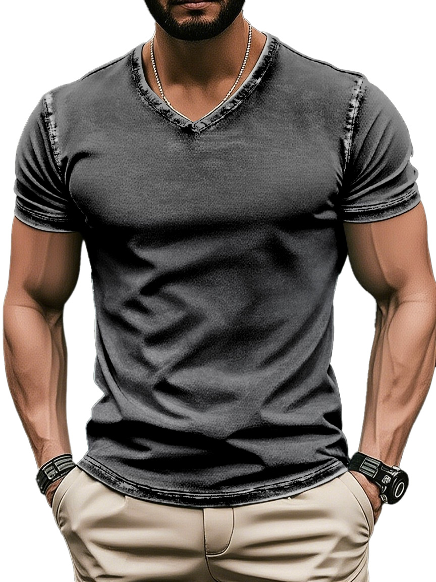 Men's Retro Solid Color V-neck Short Sleeve T-shirt