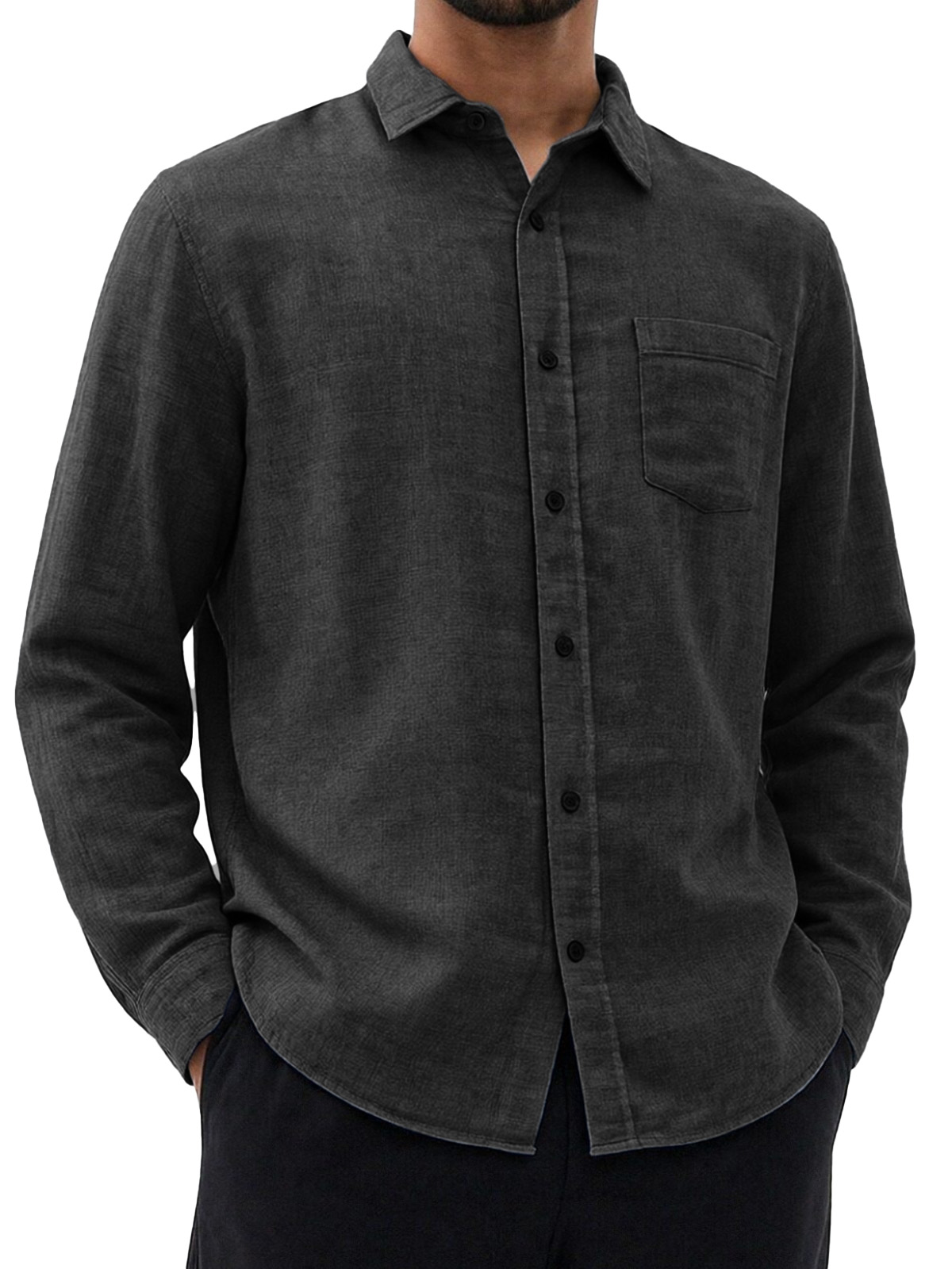 Men's Retro Simple And Versatile Solid Color Collared Long-sleeved Shirt