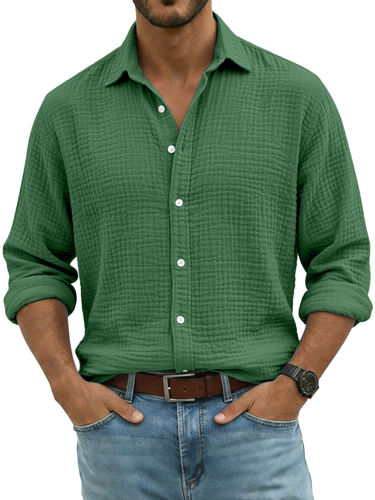 Men's Comfortable Solid Color Crinkled Breathable Long-sleeved Shirt