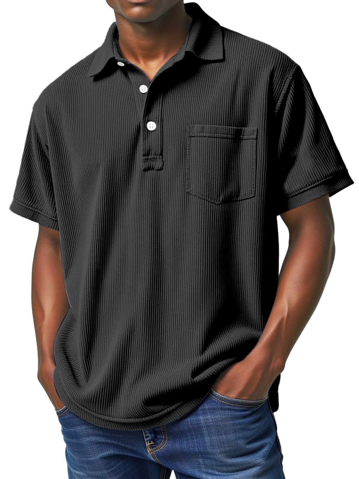 Men's Casual Solid Color Vertical Pit Lapel Short-sleeved Polo Shirt