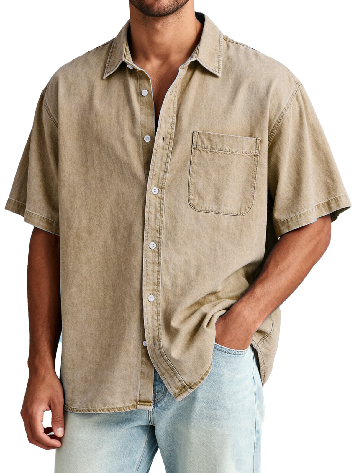 Men's American Retro Solid Color Short Sleeve Shirt with Pocket