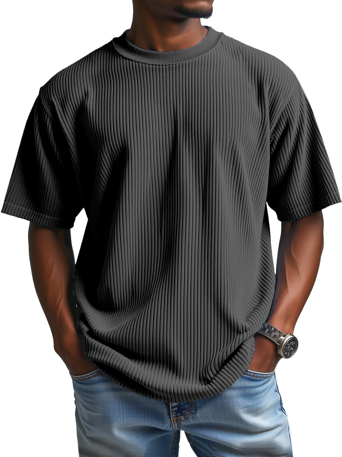 Men's Daily Solid Color Vertical Pit Round Neck Short-sleeved T-shirt