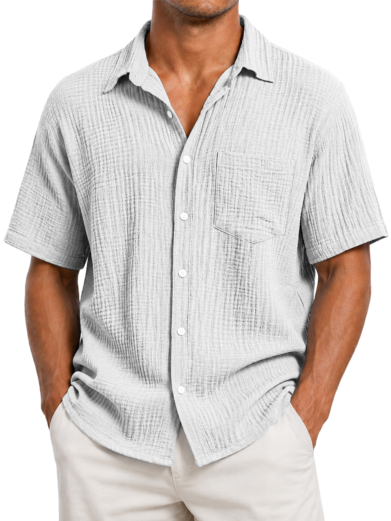 Men's Casual Solid-Color Short-Sleeve Shirt with Textured Pleats and Pocket