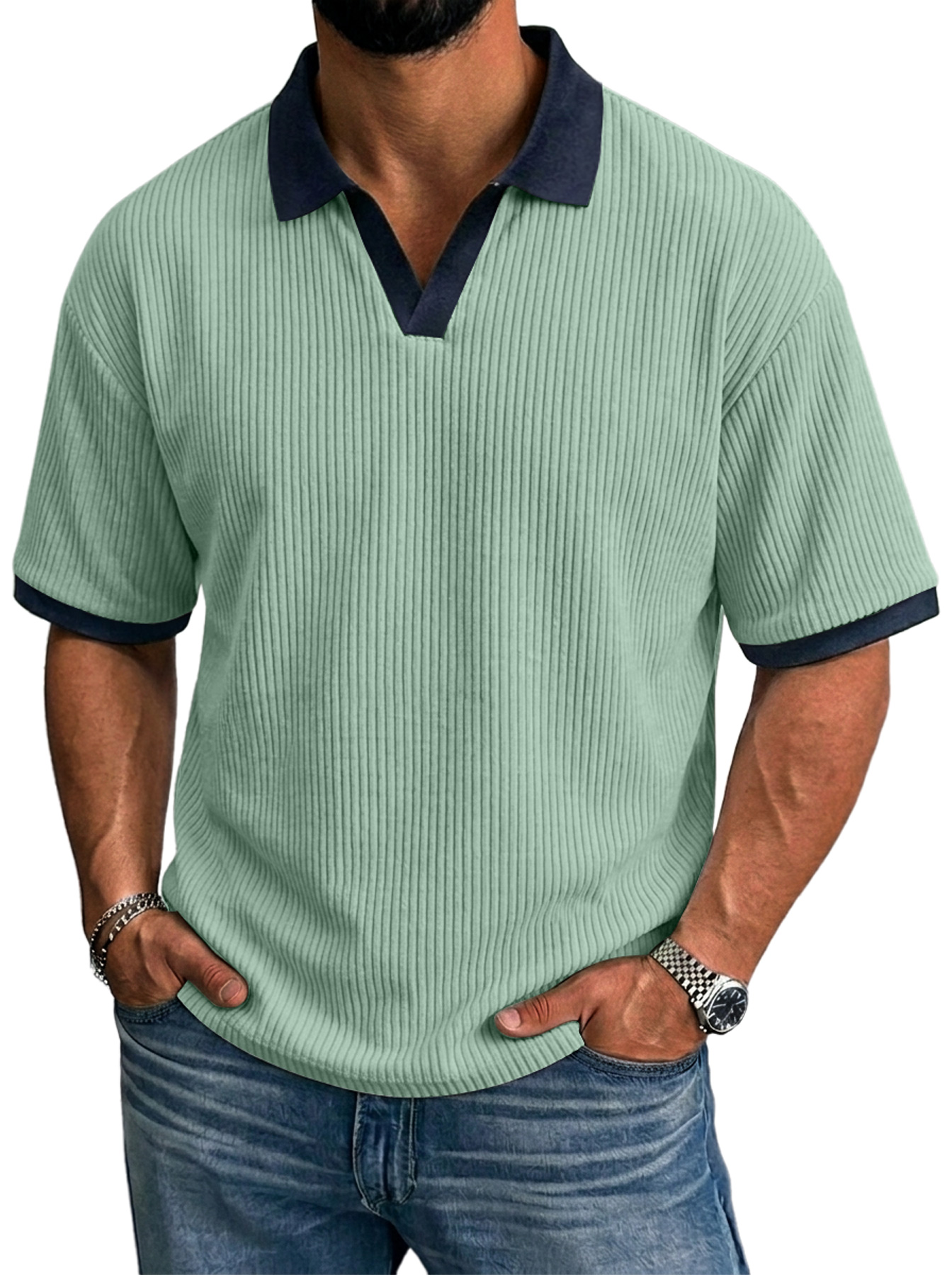 Men's Simple Ribbed Color Block Casual Short-Sleeve Polo Shirt