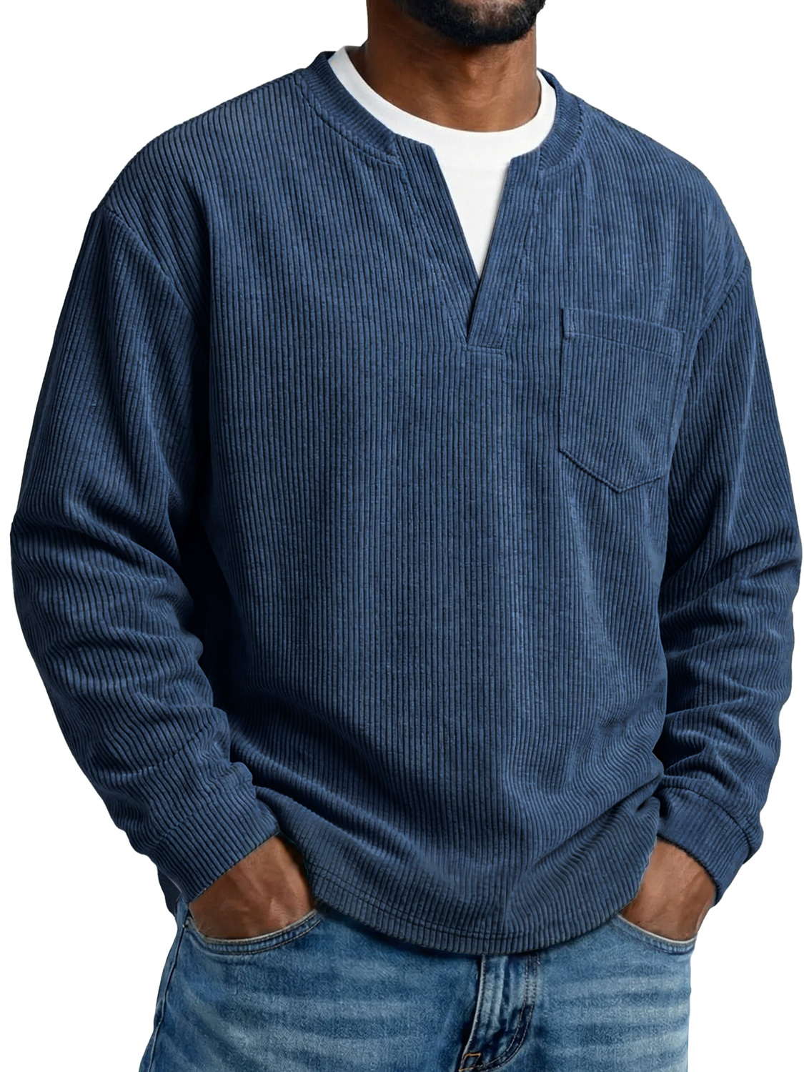 Men's Everyday Corduroy Faux Two-piece Casual Pocket Long-sleeved T-shirt