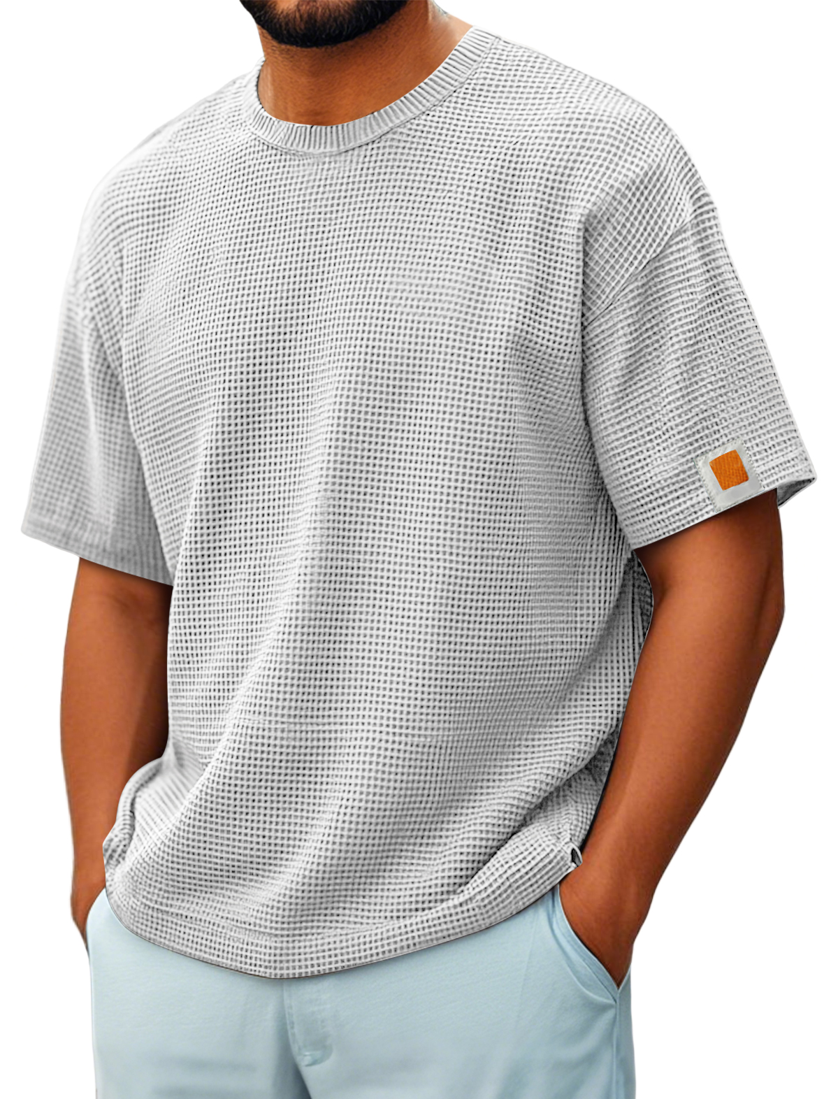 Men's Vintage Crew Neck Waffle Embroidered Logo Comfort Short Sleeve T-Shirt