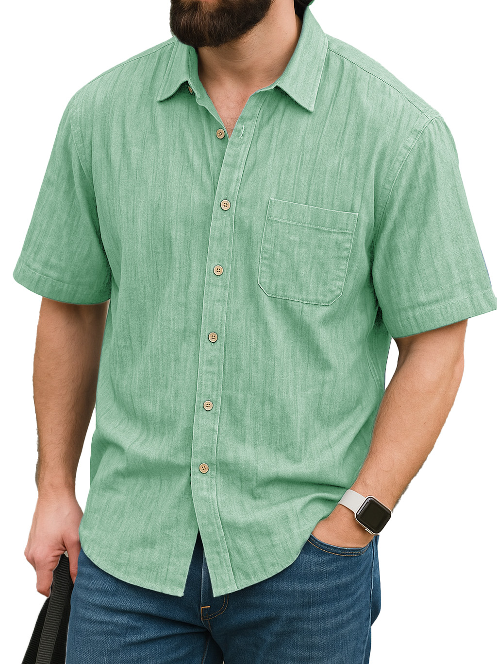 Men's Fashion Daily Linen Fabric Pocket Short-sleeved Lapel Shirt