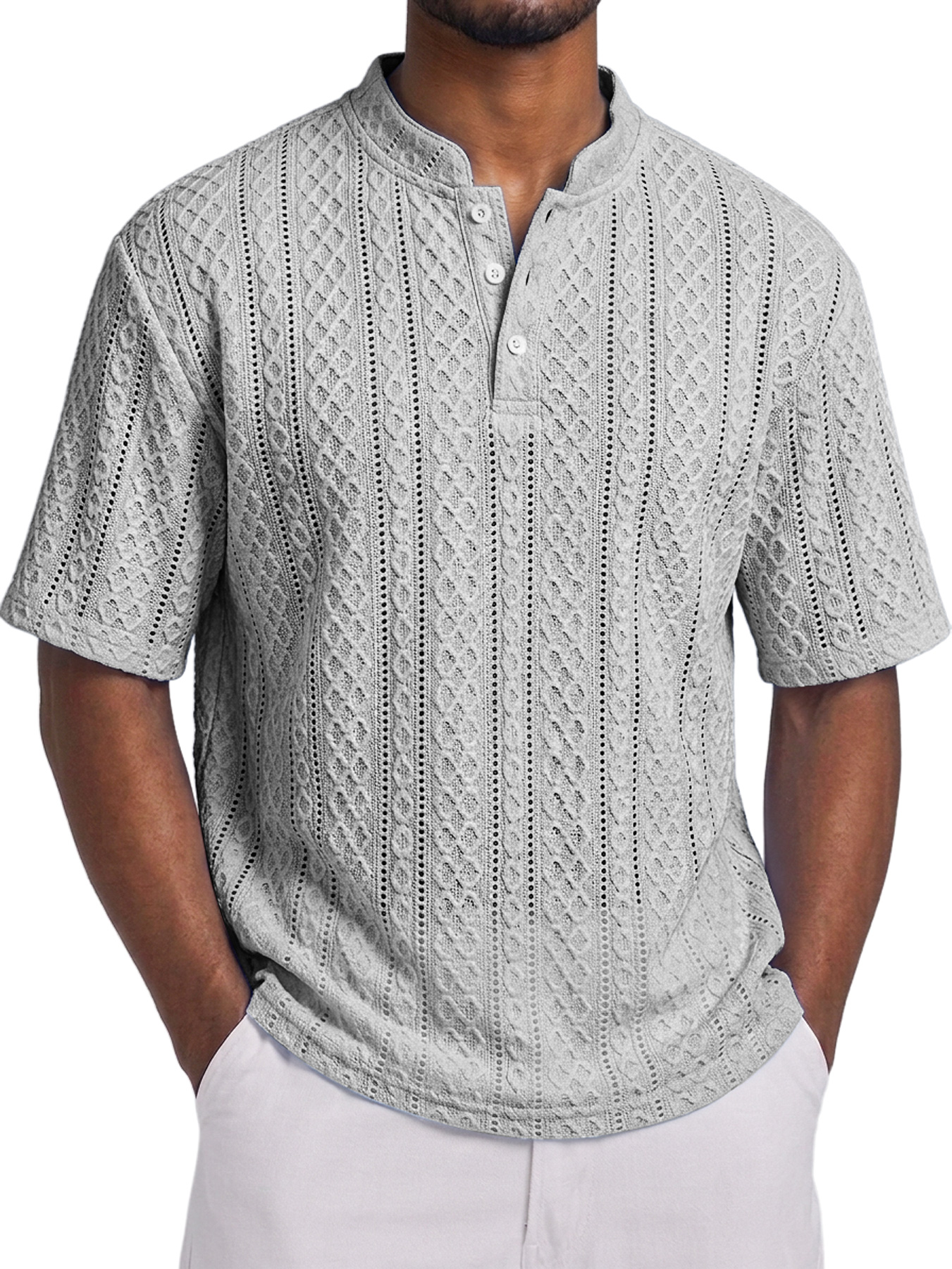 Men's Short-Sleeve Henley Shirt with Stand Collar, Button Placket, and Textured Jacquard Finish