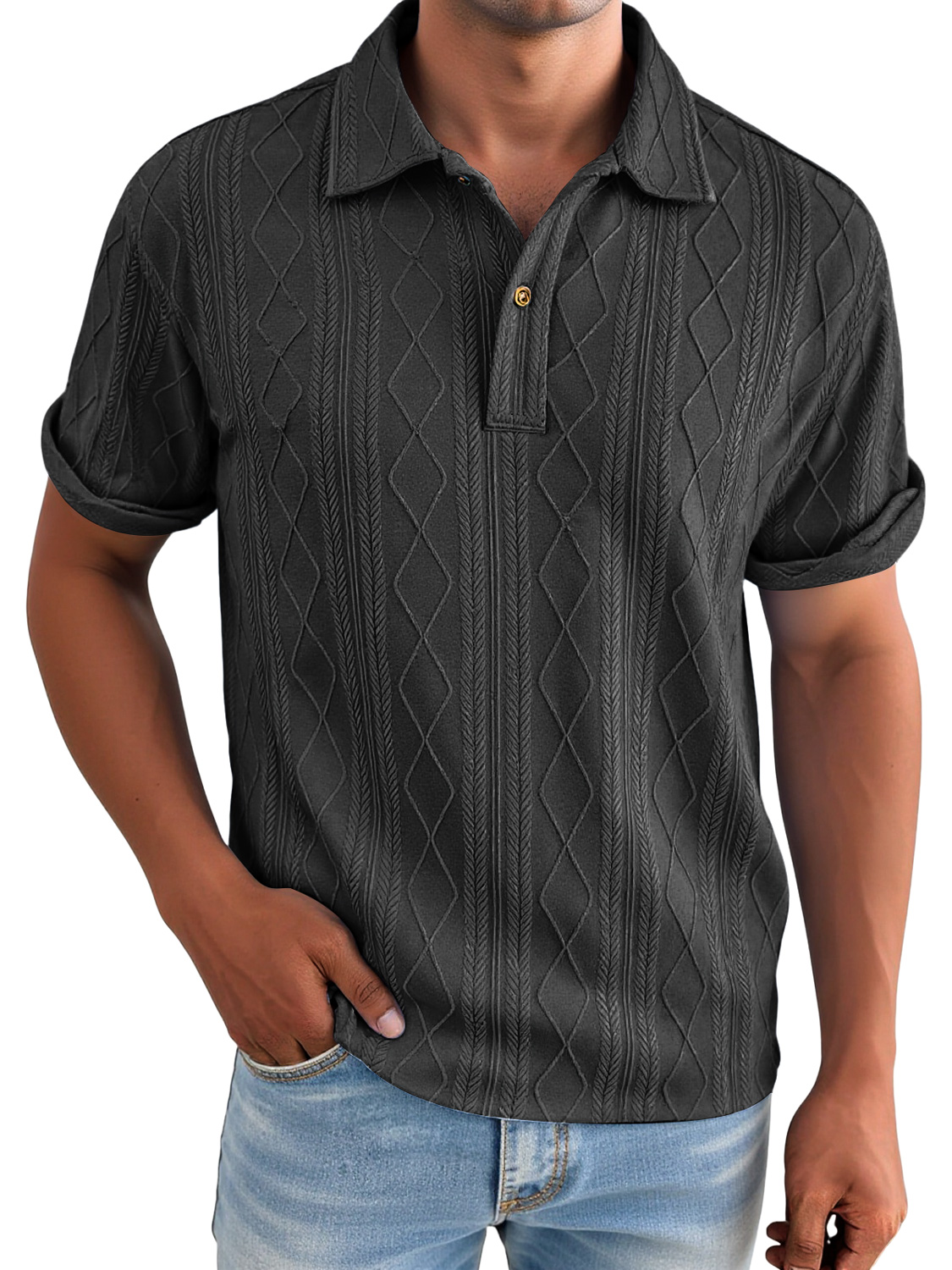 Men's Daily Jacquard Texture Casual Lapel Solid Color Short-sleeved Polo Shirt