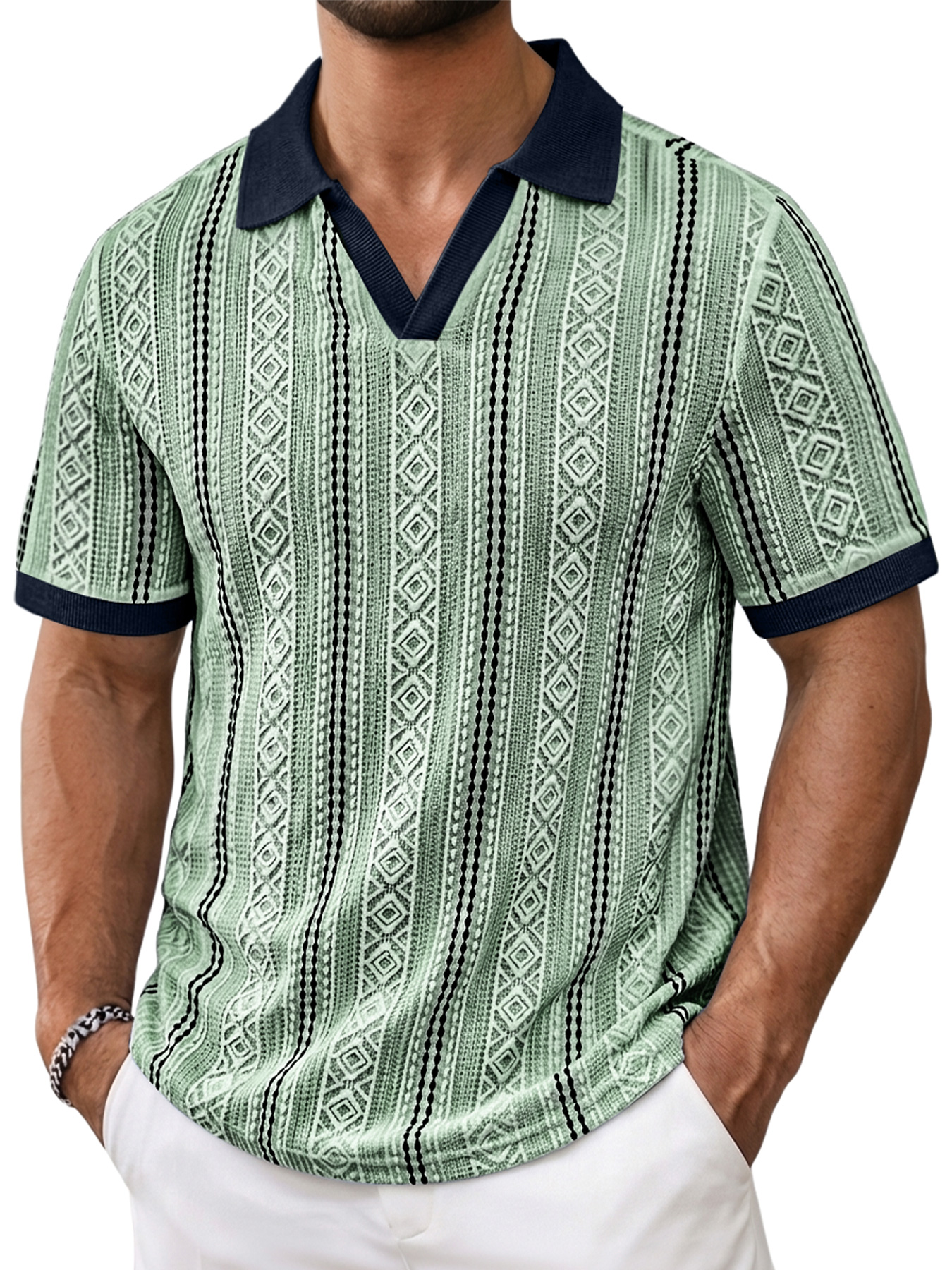 Men's Color-Blocked Seagull Collar Jacquard Textured Casual Short-Sleeve Polo Shirt