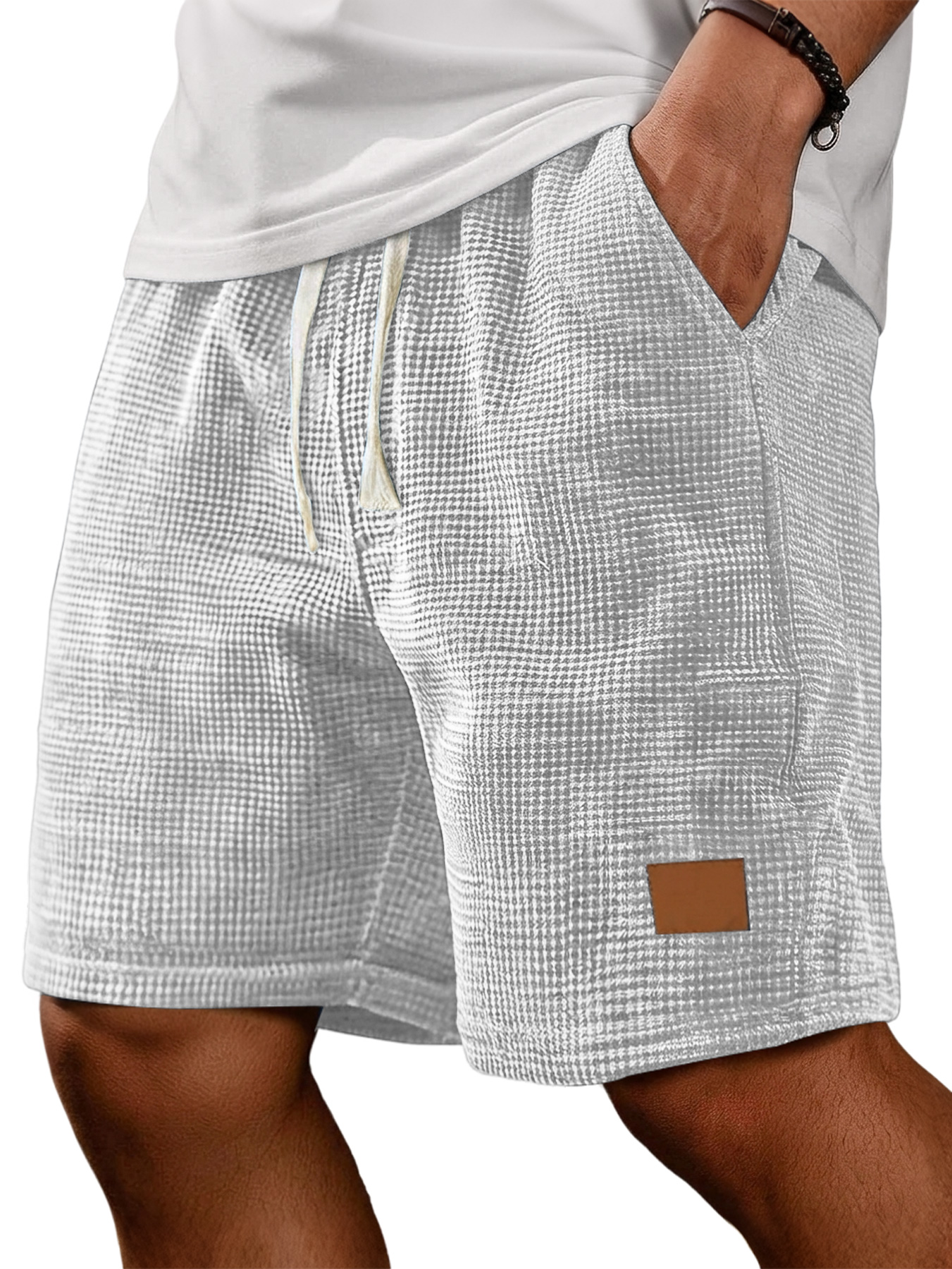Men's Retro Corduroy Waffle Knit Embroidered Leather Label Casual Loose Shorts