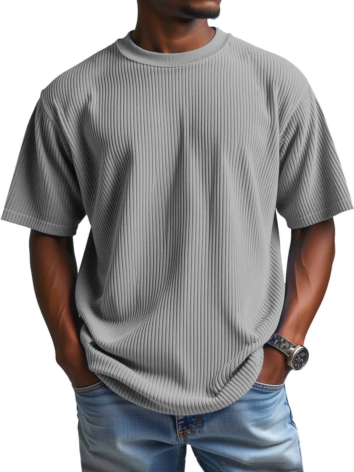 Men's Daily Solid Color Vertical Pit Round Neck Short-sleeved T-shirt