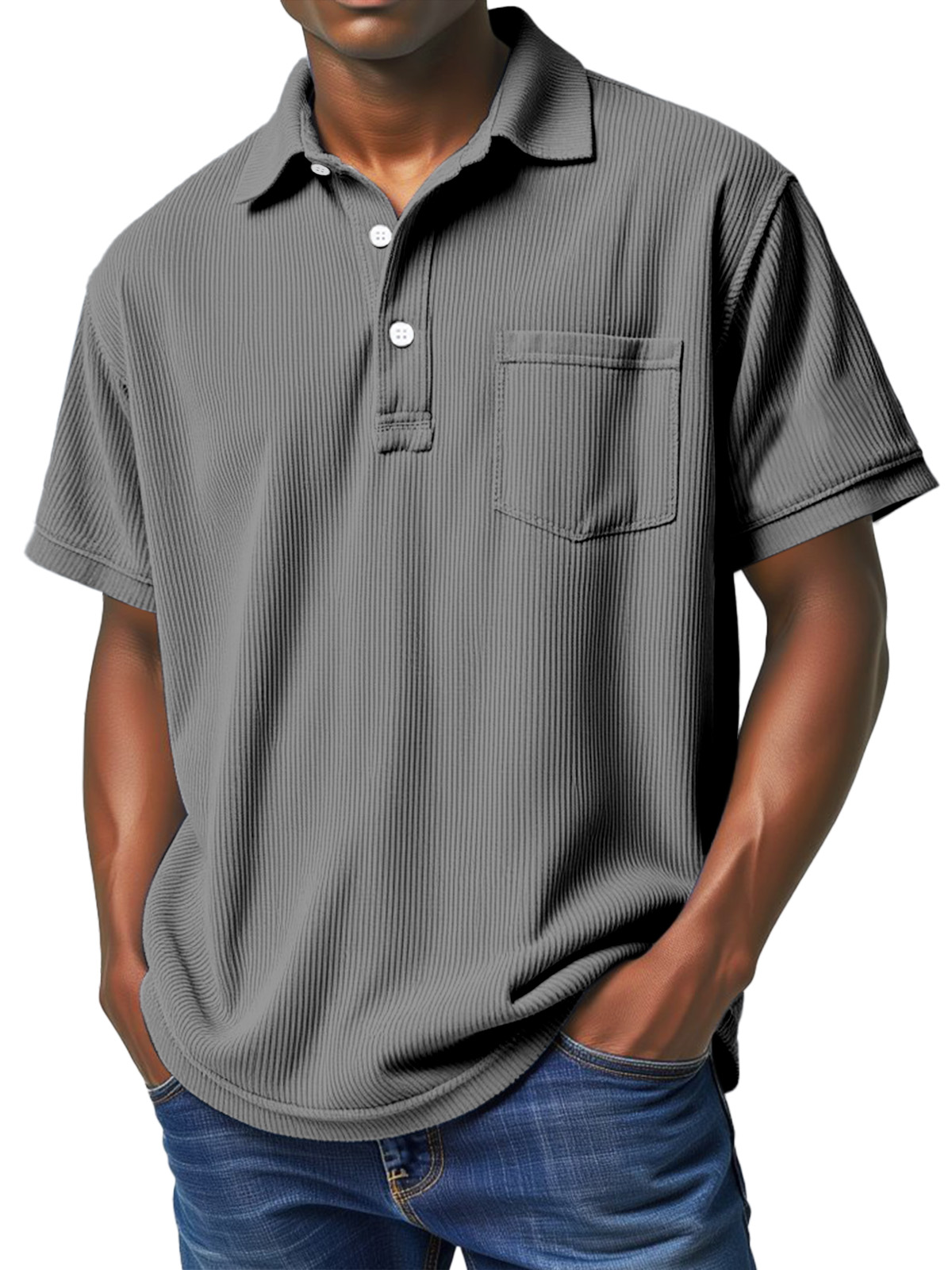 Men's Casual Solid Color Vertical Pit Lapel Short-sleeved Polo Shirt