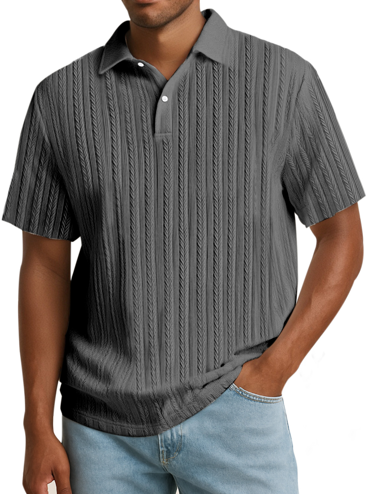 Men's Simple Solid Color Textured Lapel Button Polo Shirt