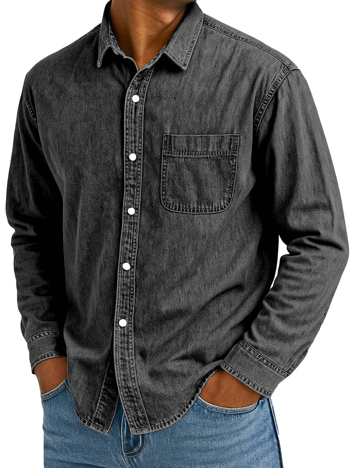 Men's Retro Casual Solid Color Loose Lapel Long Sleeve Shirt With Pockets