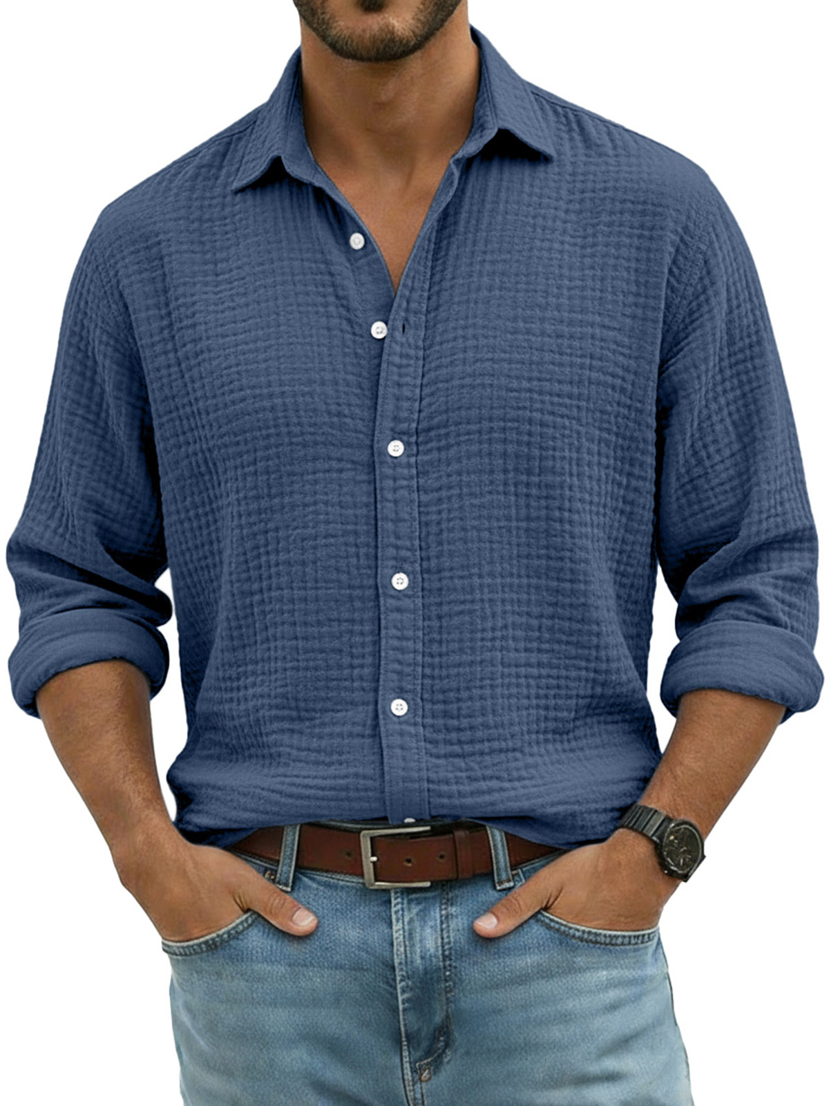 Men's Comfortable Solid Color Crinkled Breathable Long-sleeved Shirt