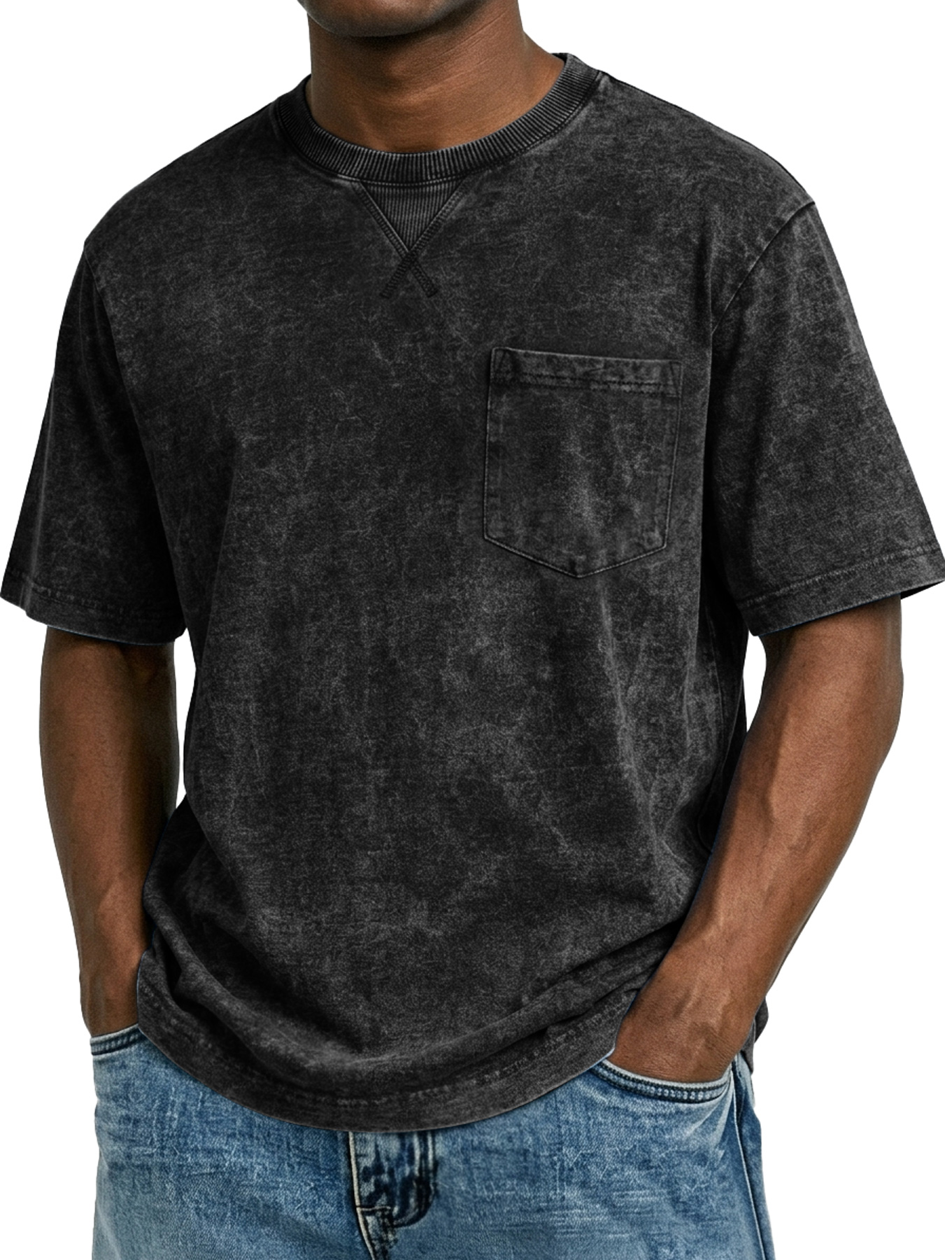 Men's Retro Cross-Strip Design Casual Crew Neck Pocket Short-Sleeve T-Shirt