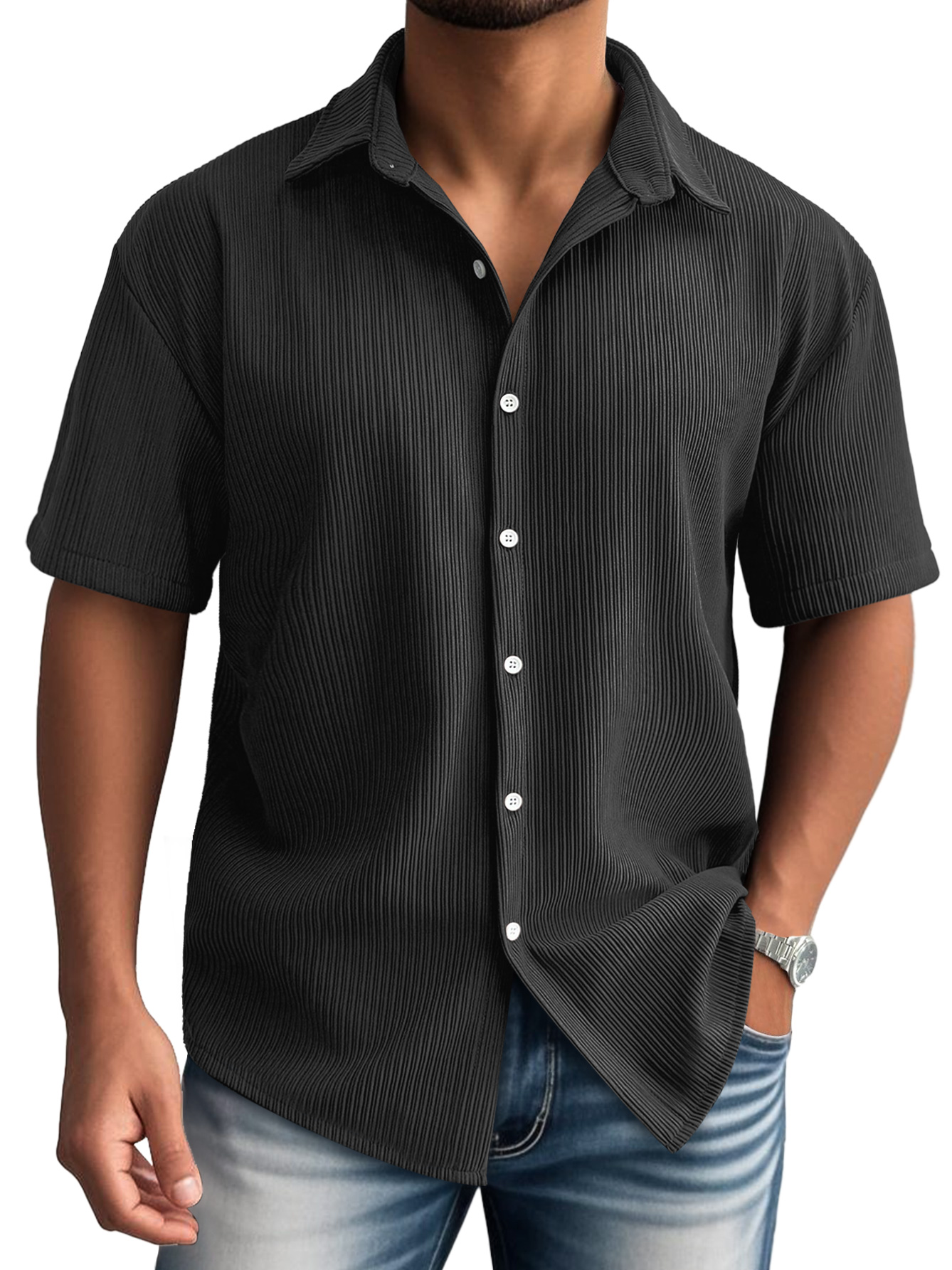 Men's Daily Lapel Ribbed Casual Comfortable Short-sleeved Shirt