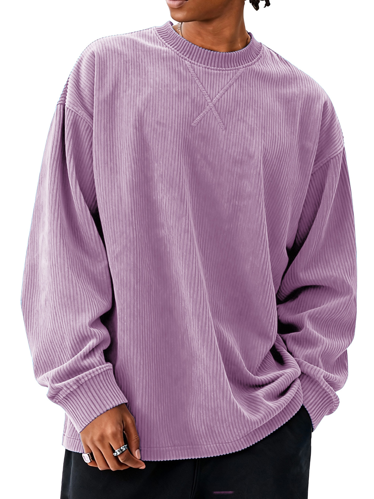 Men's fashionable casual loose round collar corduroy fabric long-sleeved T-shirt