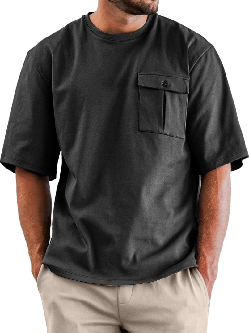 Men's Daily Round Neck Pocket Casual Solid Color Short Sleeve T-shirt