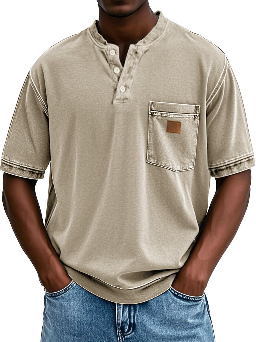 Men's Retro Distressed Embroidered Pocket Short-sleeved Henley Shirt