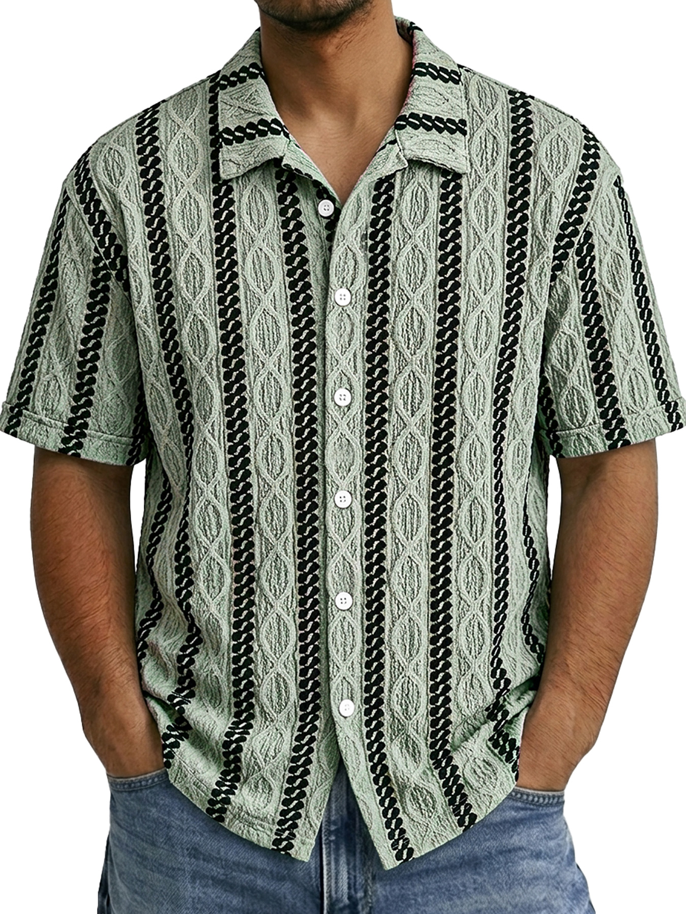 Men's Casual Jacquard Textured Solid Color Short-Sleeve Shirt