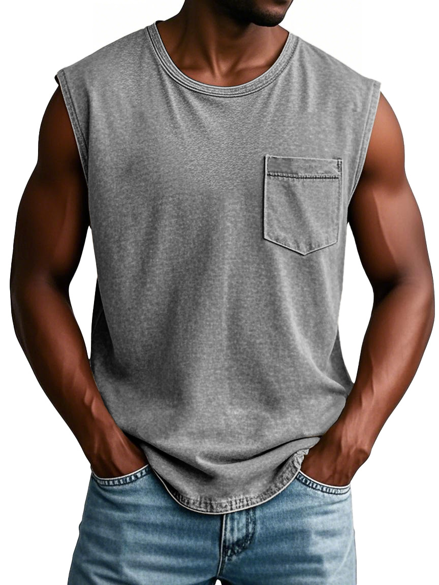Men's Fashion Retro Round Neck Sleeveless Pocket T-shirt