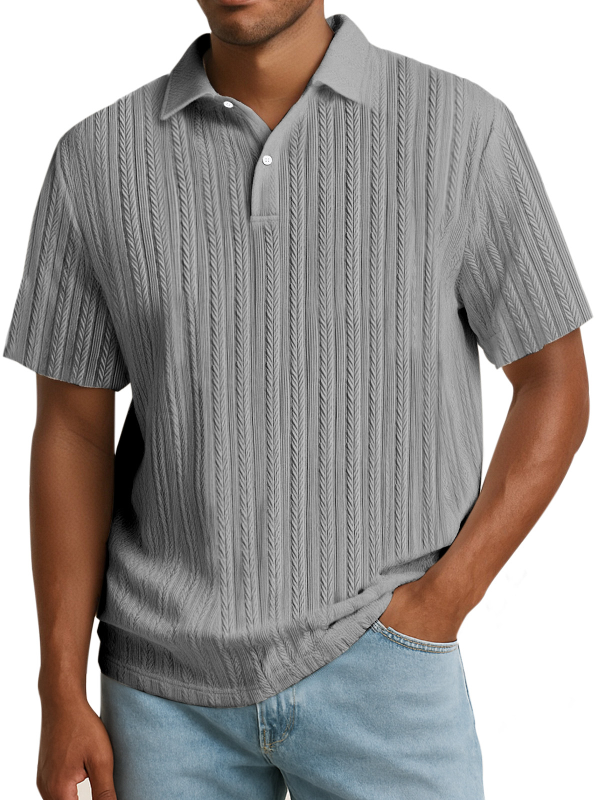 Men's Simple Solid Color Textured Lapel Button Polo Shirt
