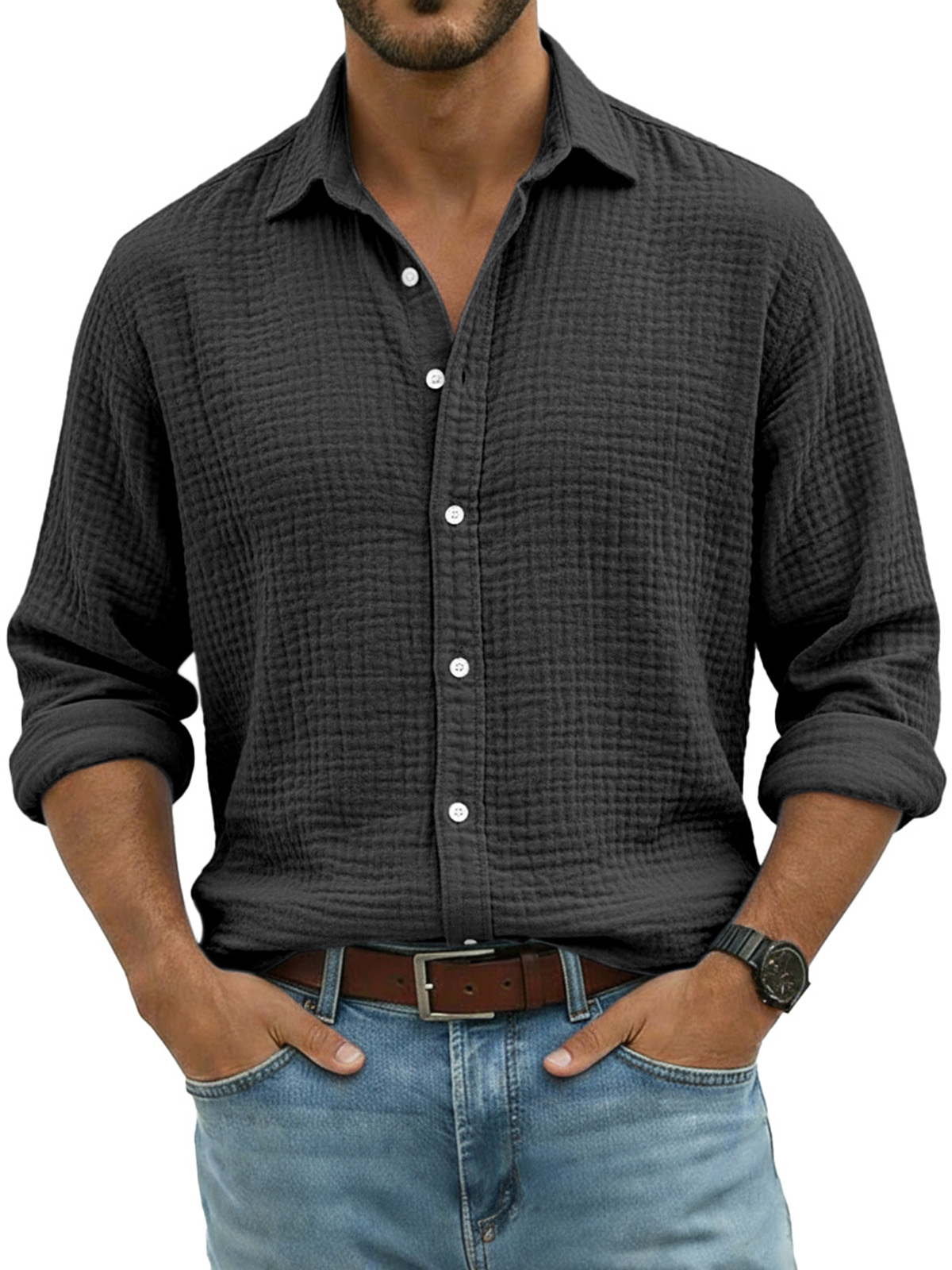 Men's Comfortable Solid Color Crinkled Breathable Long-sleeved Shirt