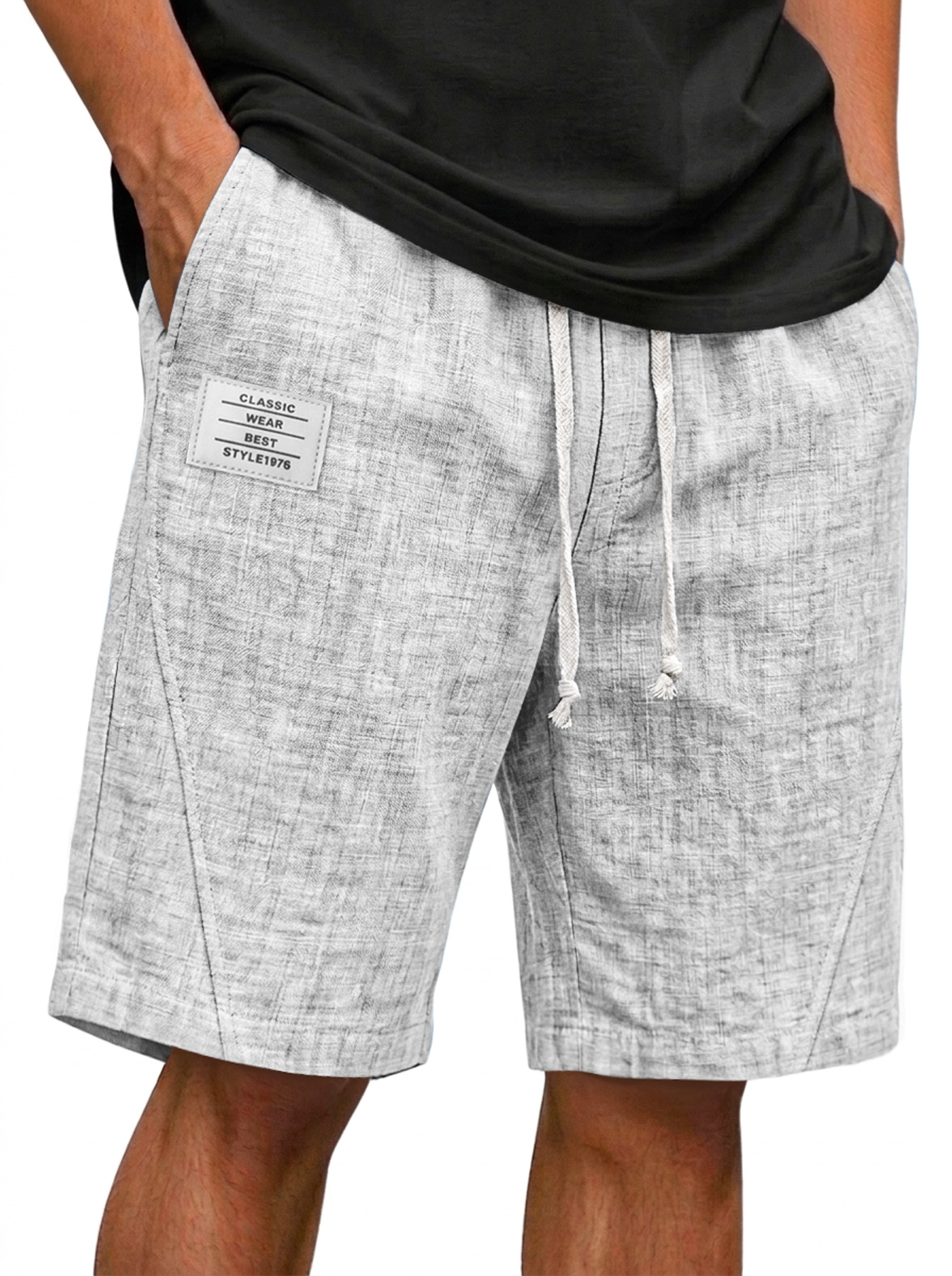 Men's Cotton-Linen Deconstructed Casual Shorts with Embroidered Logo