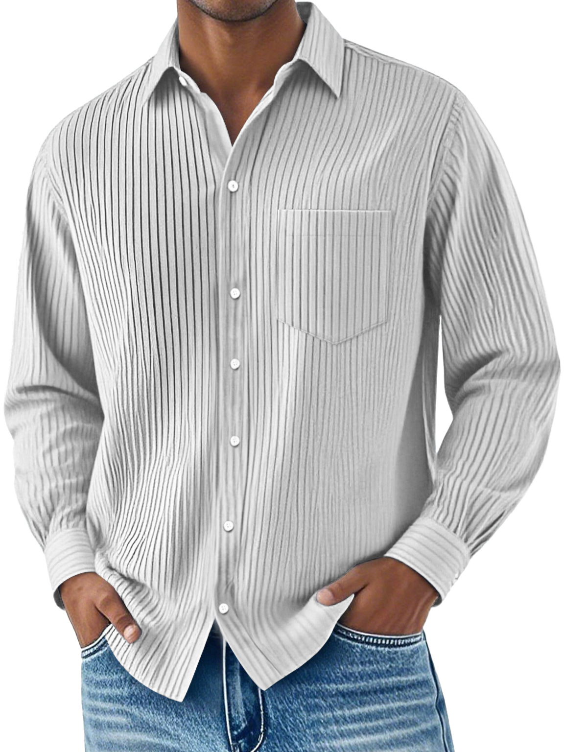 Men's Daily Ribbed Lapel Pocket Casual Long Sleeve Shirt