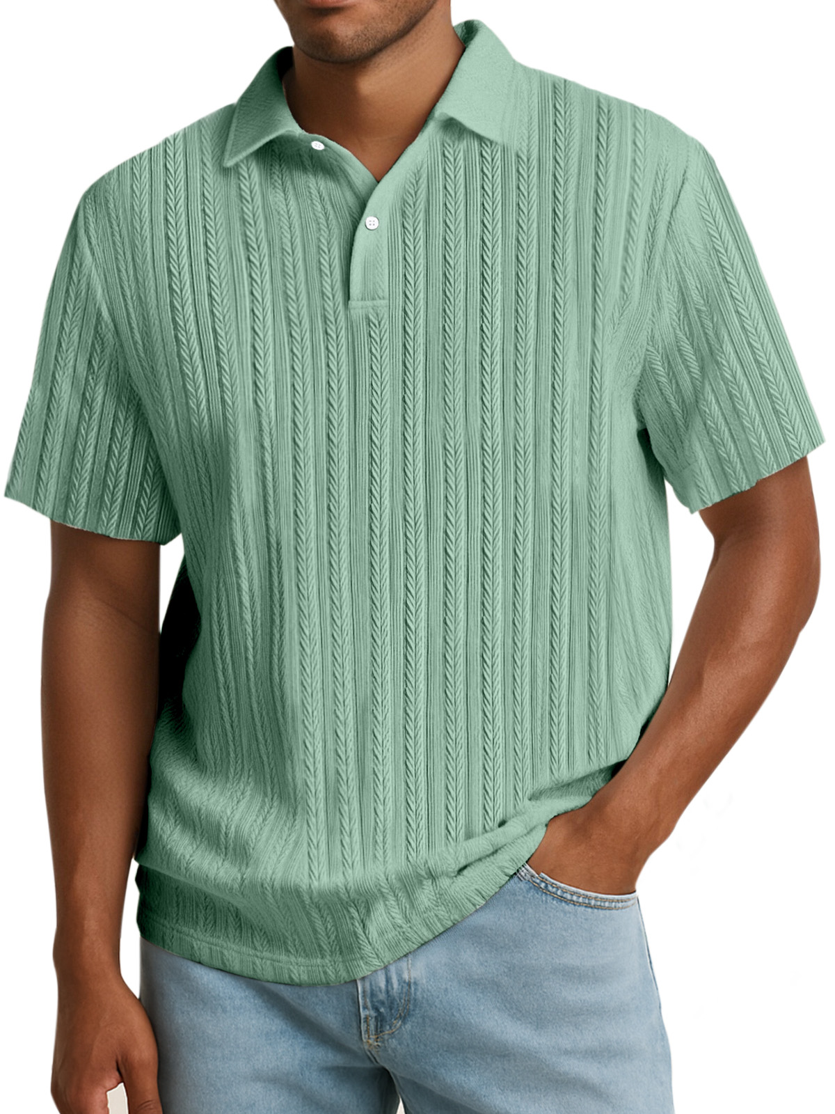 Men's Simple Solid Color Textured Lapel Button Polo Shirt