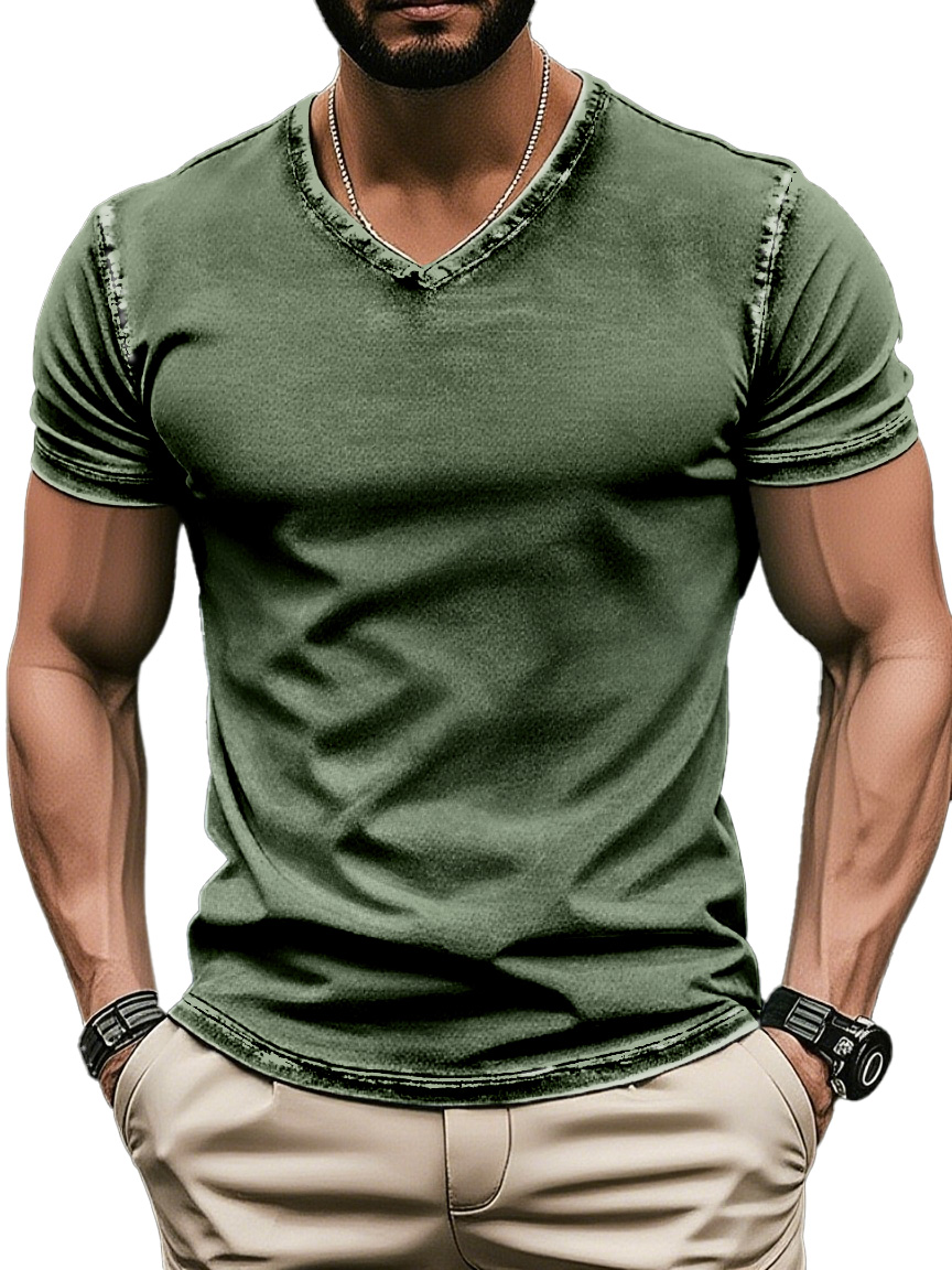 Men's Retro Solid Color V-neck Short Sleeve T-shirt