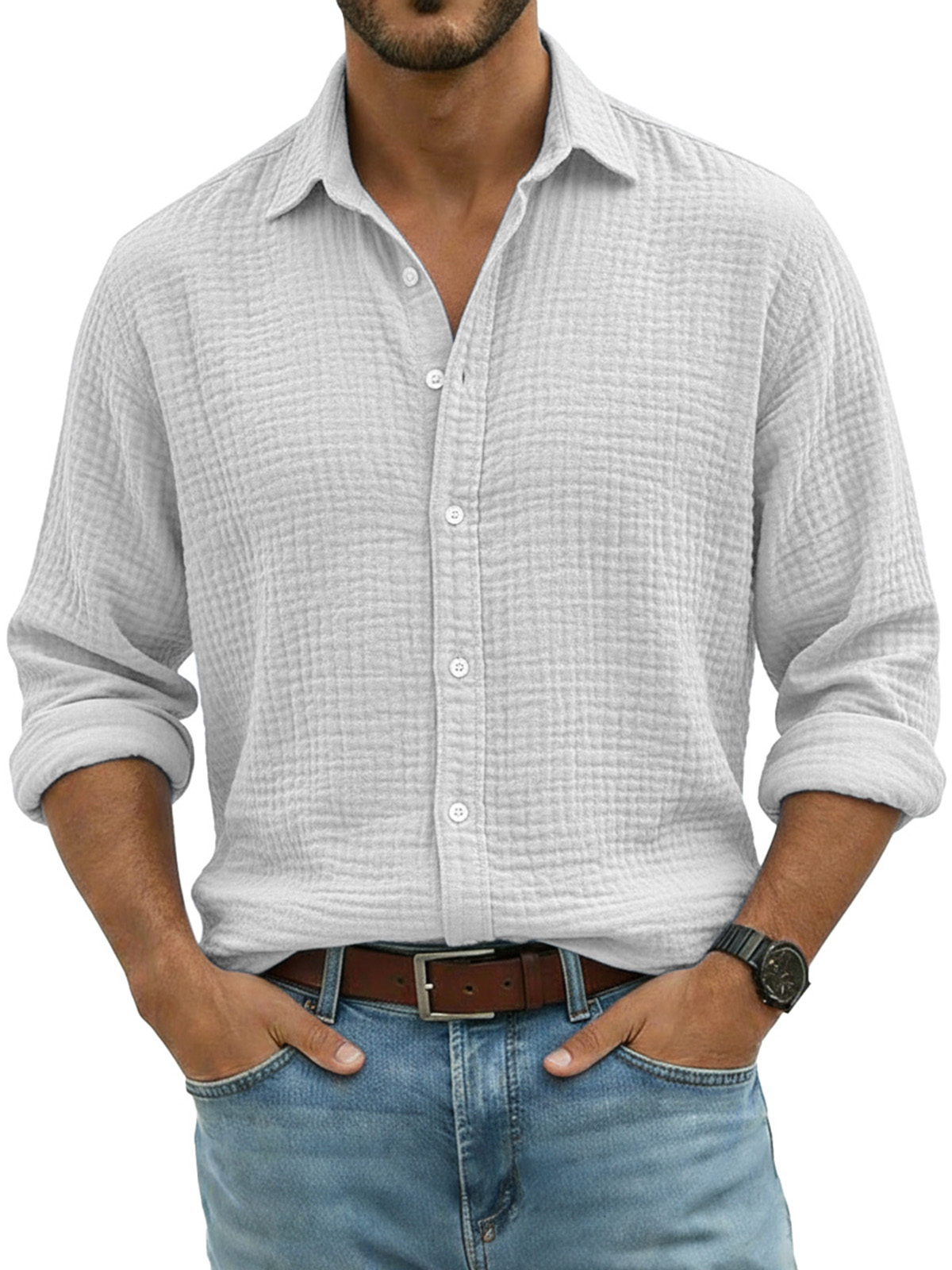 Men's Comfortable Solid Color Crinkled Breathable Long-sleeved Shirt