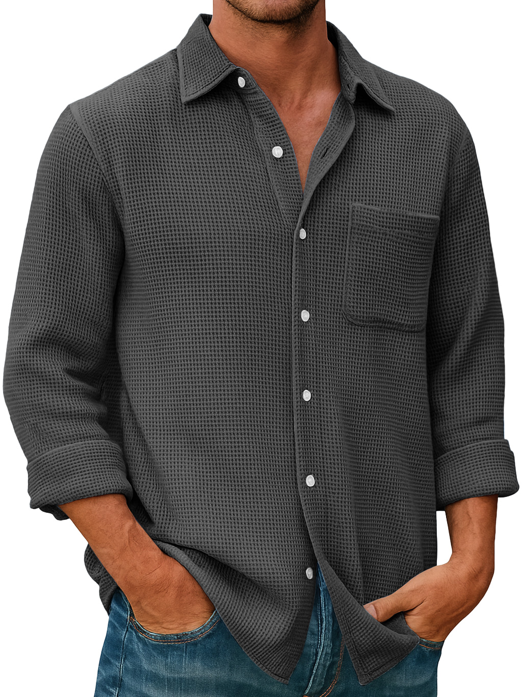 Men's Waffle Everyday Casual Pocket Comfort Long Sleeve Shirt