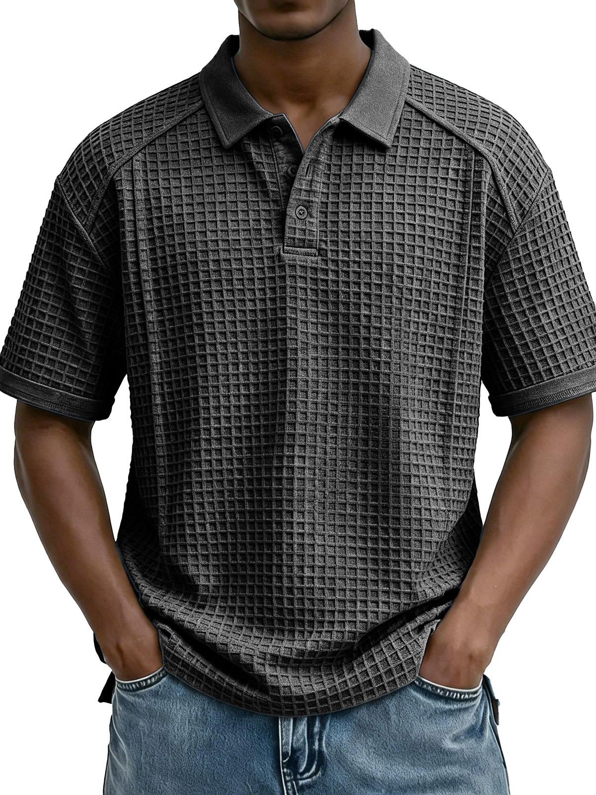 Men's Fashion Retro Waffle Fabric Collared Short-Sleeve Polo Shirt