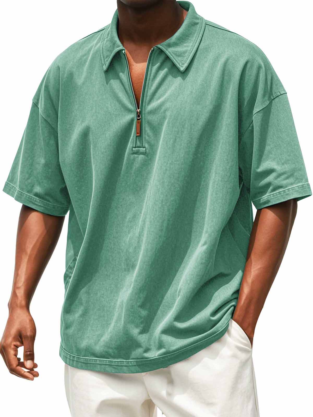 Men's Retro Distressed Zip Short Sleeve Polo Shirt