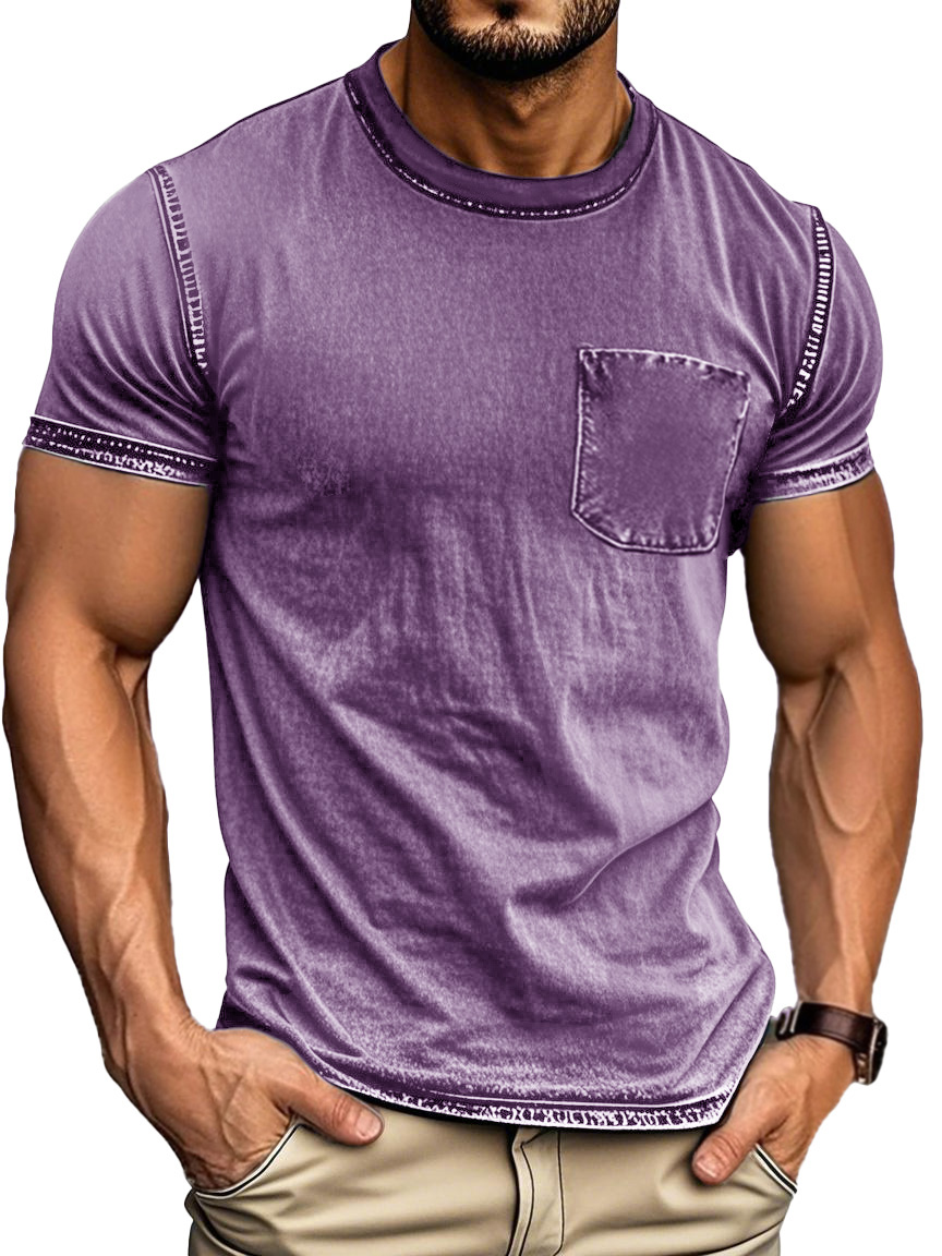 Men's Fashion Retro Distressed Outdoor Round Neck Short Sleeve Pocket T-shirt