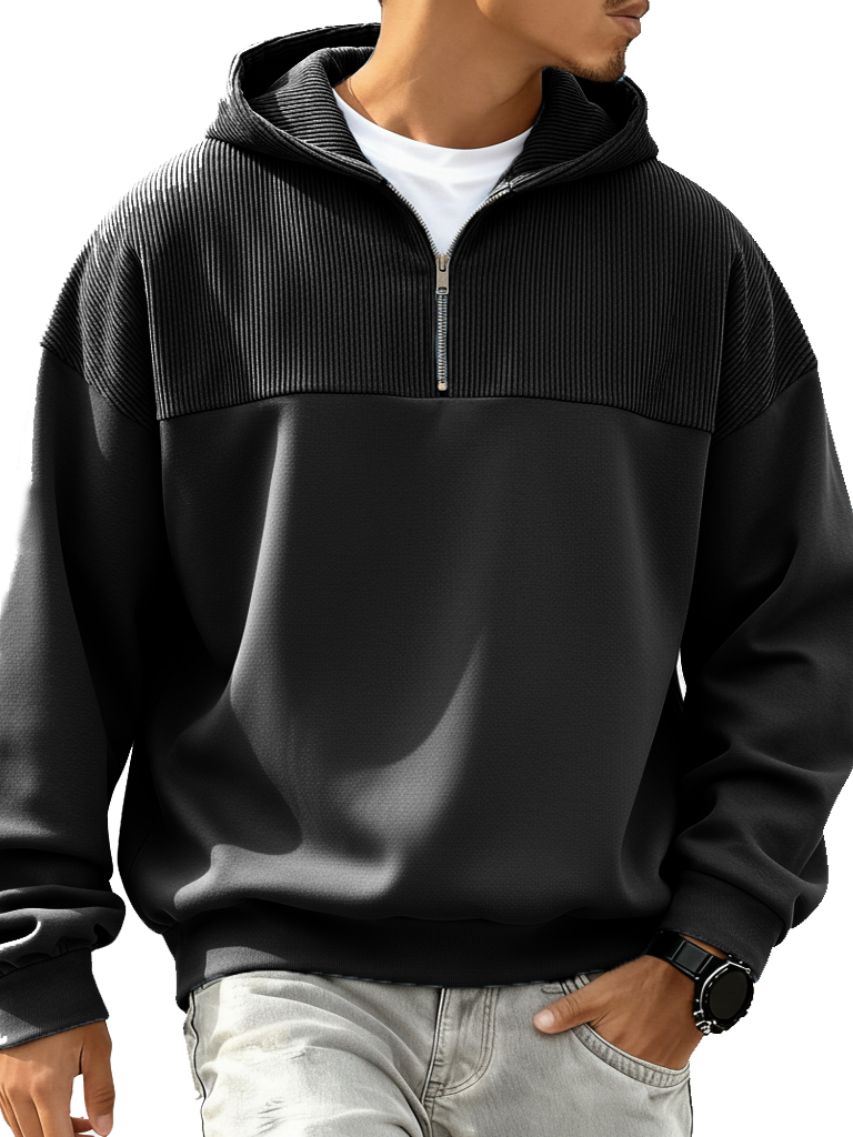Men's Fashion Casual Patchwork Ribbed Fabric Long-Sleeve Hooded Zipper Top