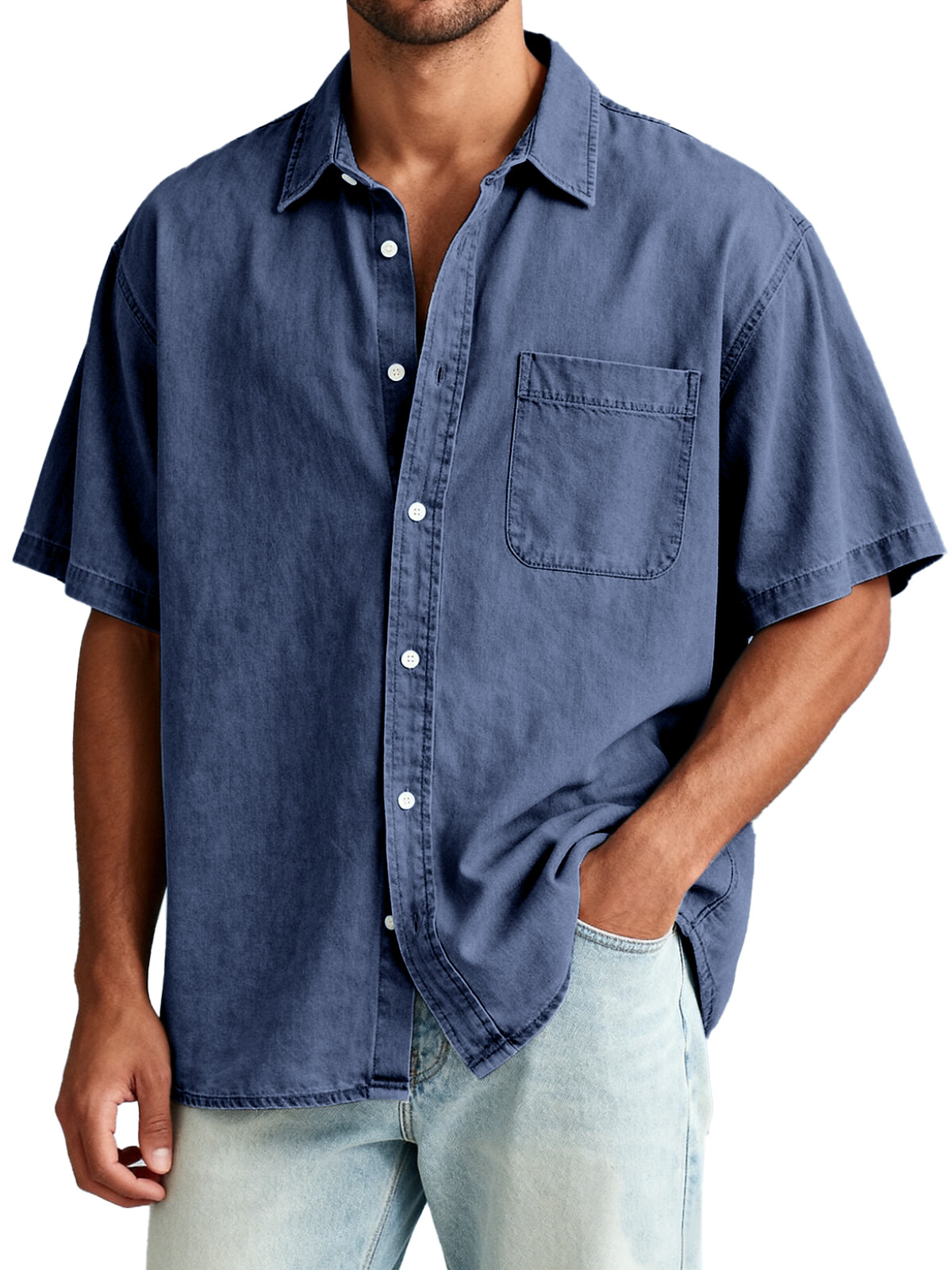 Men's American Retro Solid Color Short Sleeve Shirt with Pocket