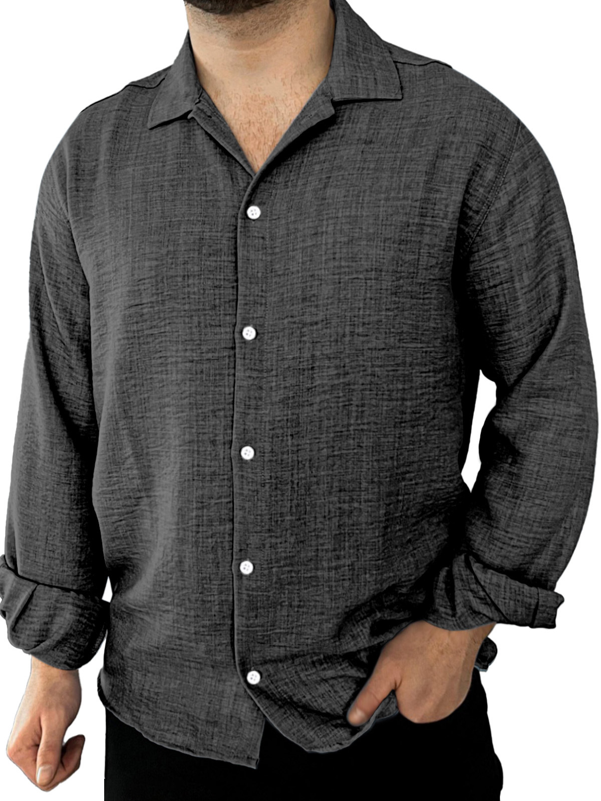 Men's Simple Daily Casual Solid Color Lapel Long-sleeved Shirt