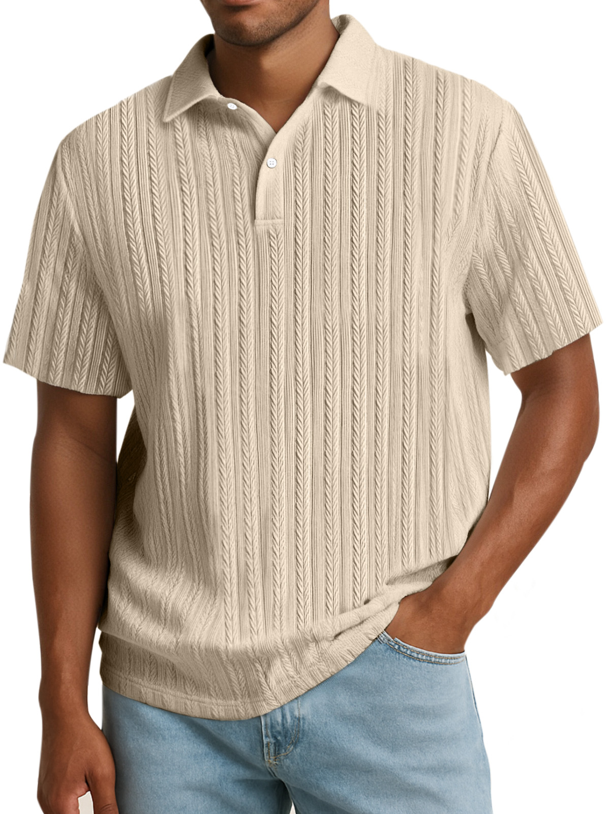 Men's Simple Solid Color Textured Lapel Button Polo Shirt