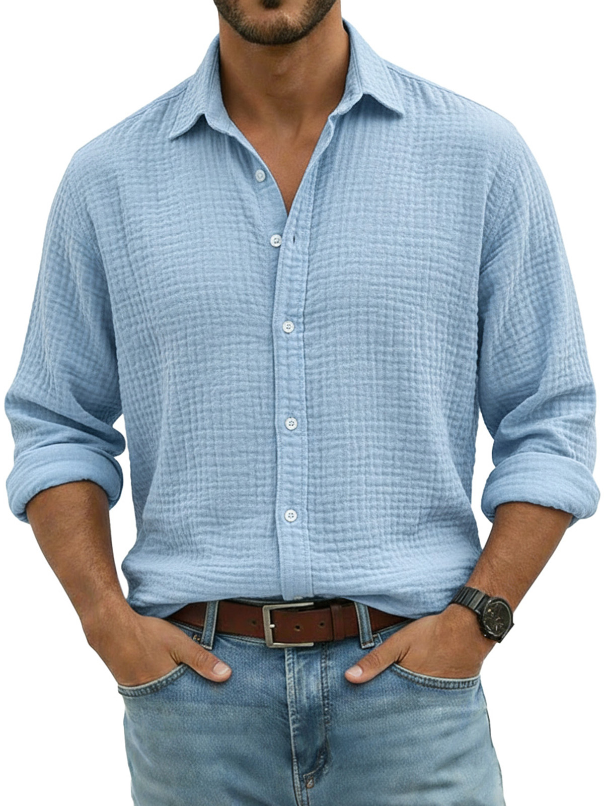 Men's Comfortable Solid Color Crinkled Breathable Long-sleeved Shirt