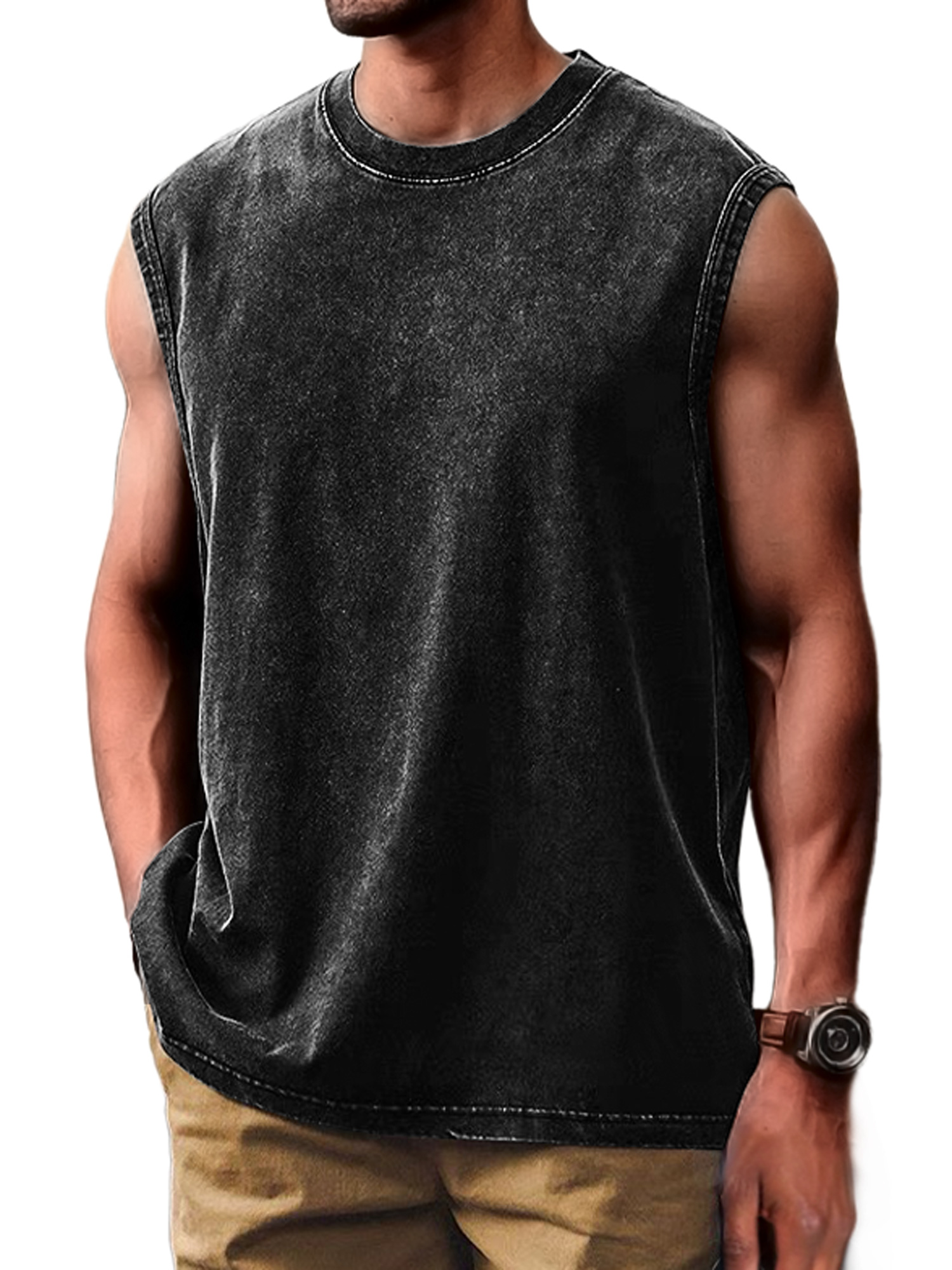 Men's Retro Distressed Fashion Round Neck Casual Solid Color Sleeveless Vest