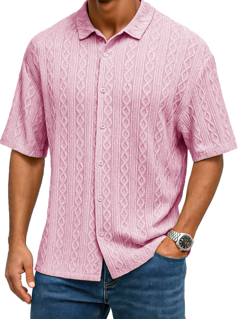 Men's Fashion Casual Jacquard Fabric Lapel Short-sleeved Shirt
