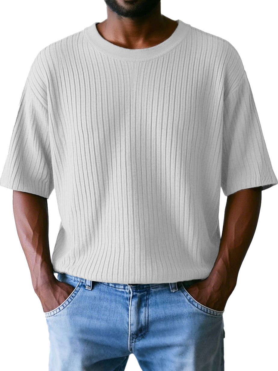Men's Fashion Casual Ribbed Fabric Short-sleeved Round Neck T-shirt