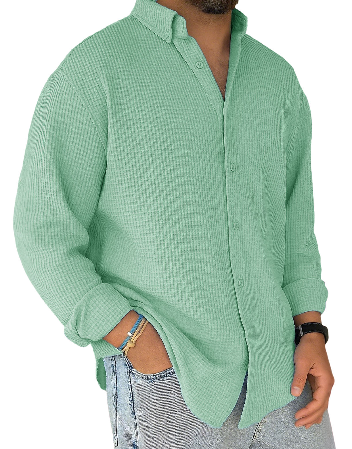 Men's Stylish Casual Everyday Waffle Long-sleeved Lapel Shirt