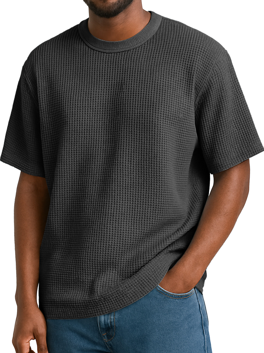 Men's Waffle Daily Round Neck Casual Solid Color Short Sleeve T-Shirt