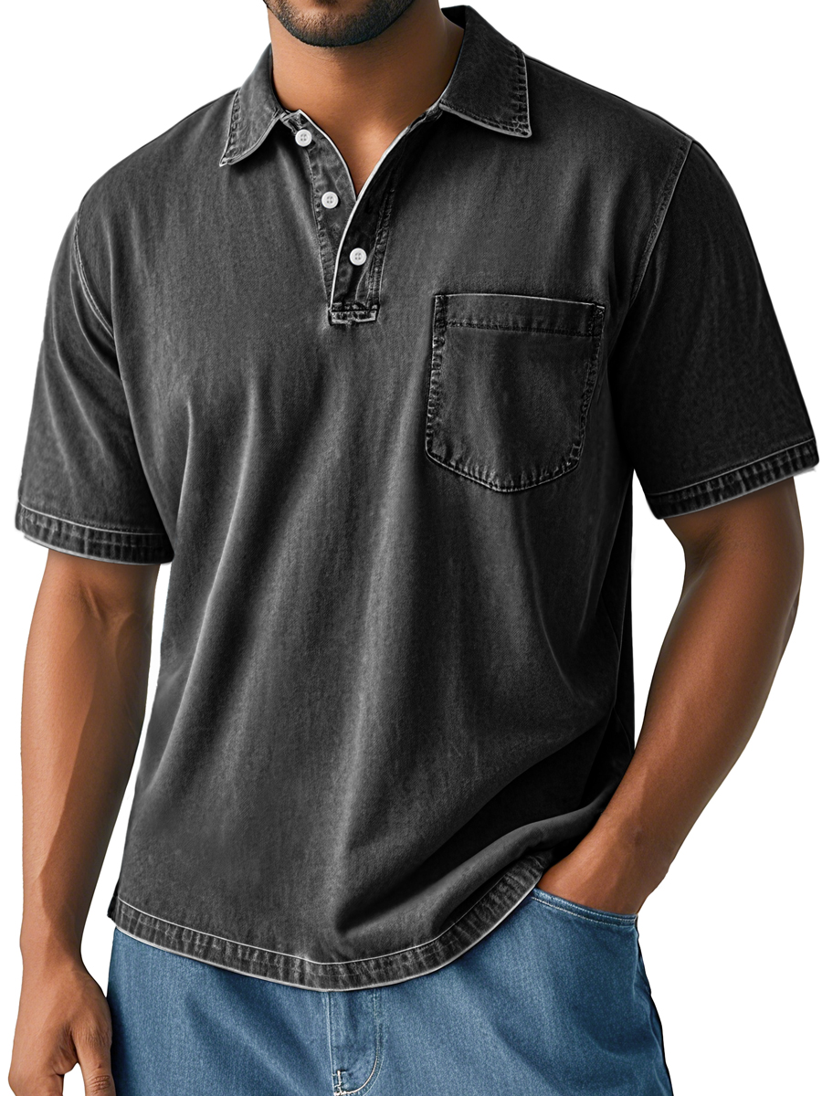 Men's Retro Washed Casual Lapel Pocket Comfortable Short Sleeve Polo Shirt