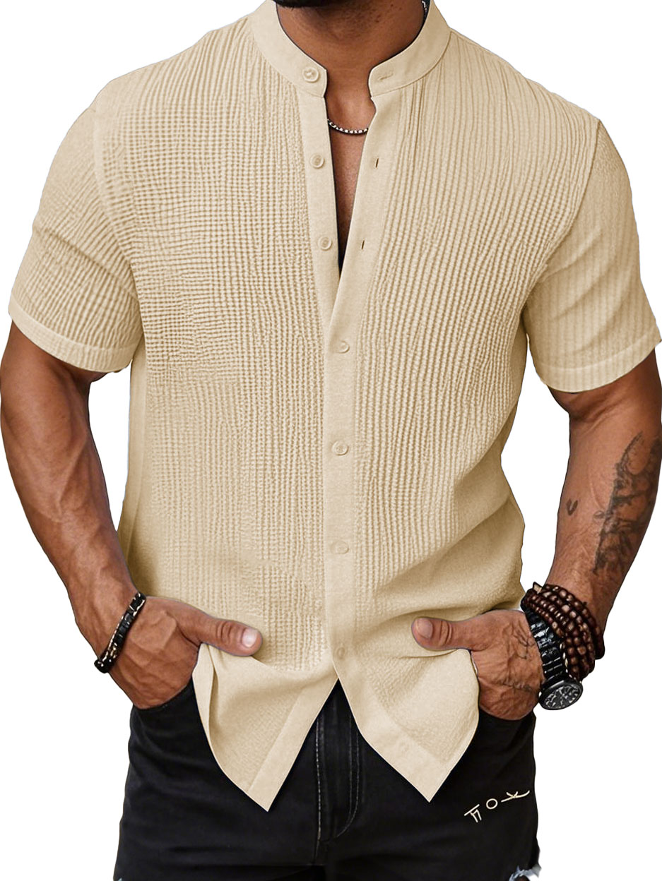 Men's Fashion Casual Bubble Wrinkle Fabric Stand-up Collar Short-sleeved Shirt